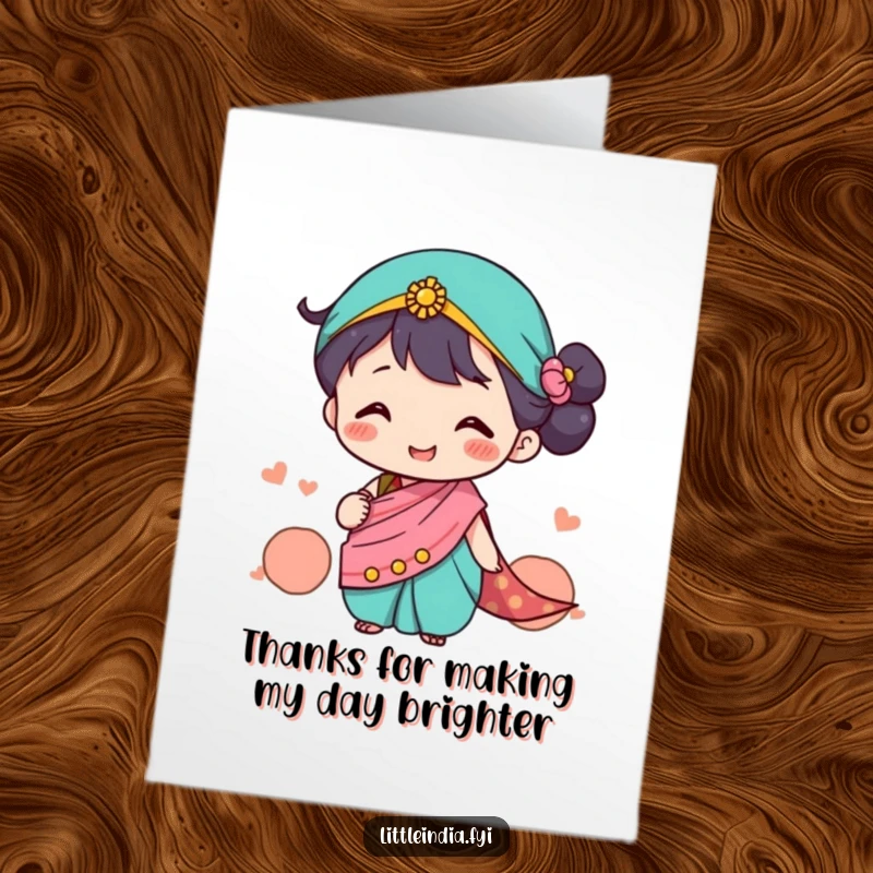 Funny Free Printable Thank You Card: A cute character in a tiny sari sharing a warm, thankful smile.