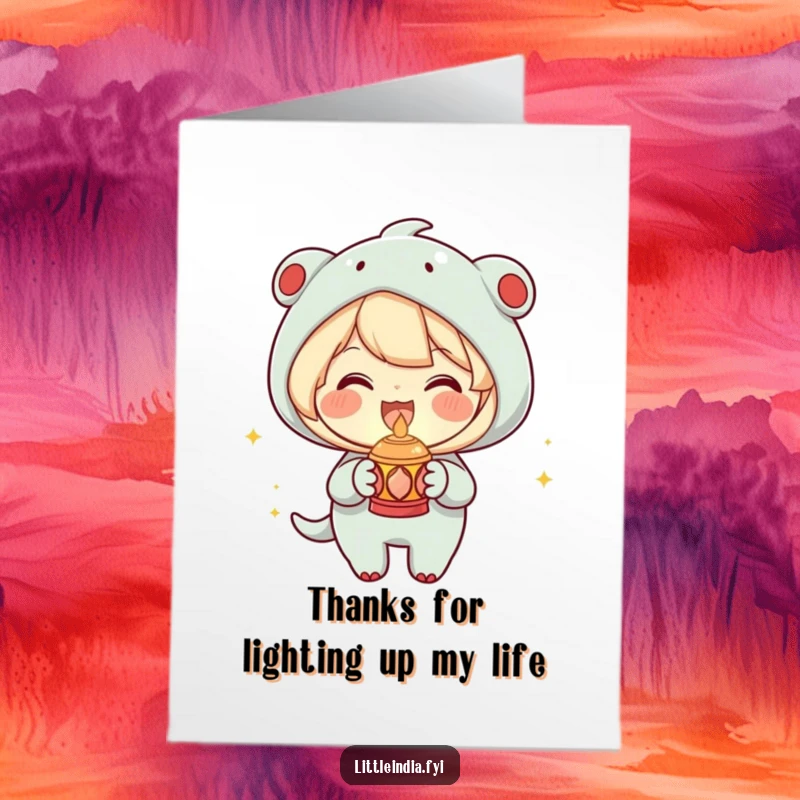 Funny Free Printable Thank You Card: A joyous character holding a small decorative lamp with a comforting, warm glow.