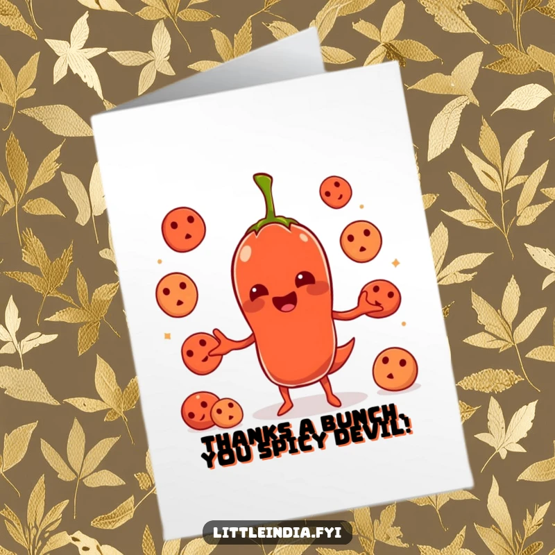 Funny Free Printable Thank You Card: Chili pepper character juggling idlis, a spicy way to say thanks.