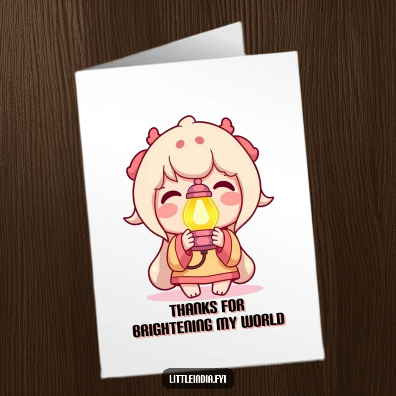 Funny Free Printable Thank You Card: a delighted character holding a brightly colored lamp, a glowing expression of thanks.