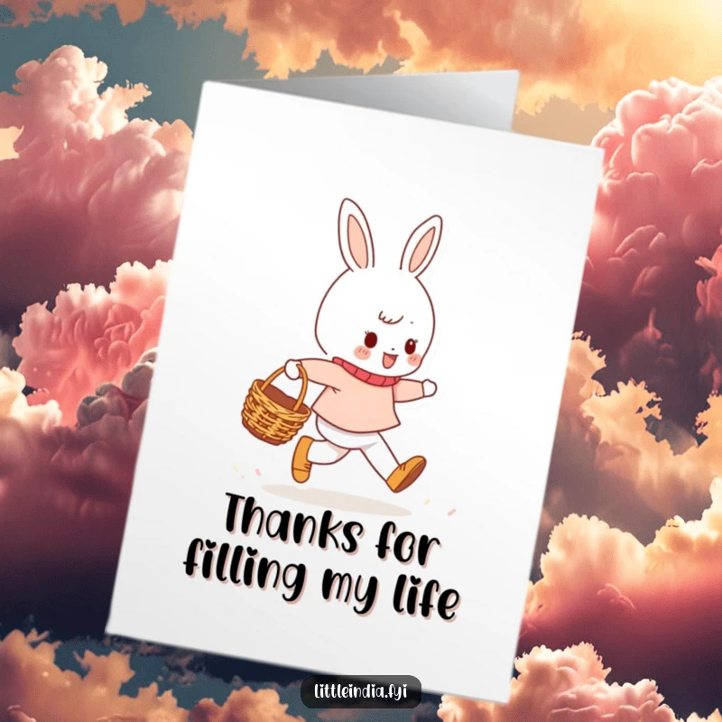 Funny Free Printable Thank You Card showing a cheerful character skipping with a basket, a happy message of thanks.
