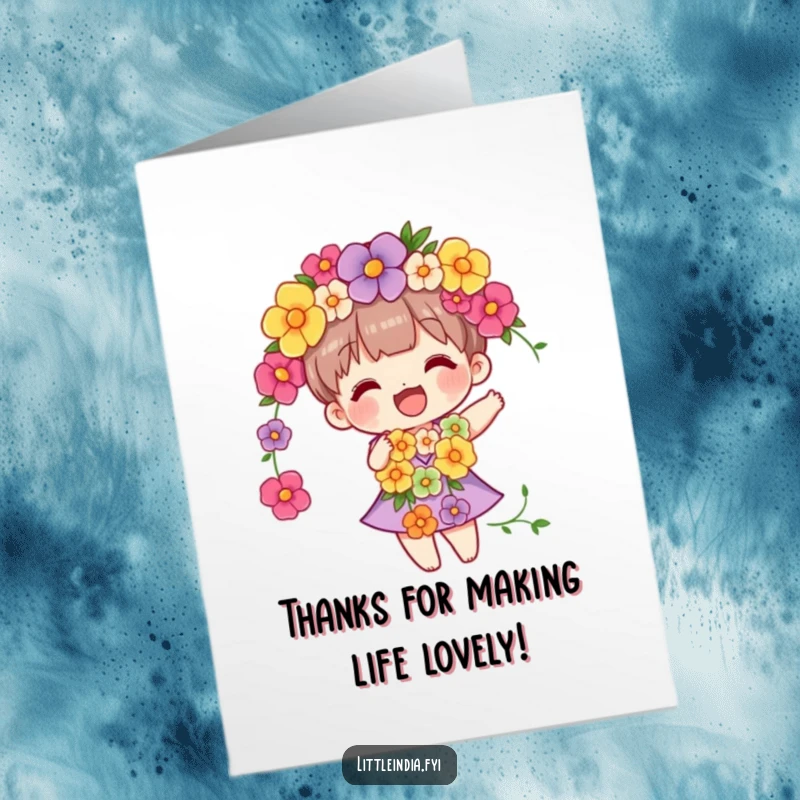 Funny Free Printable Thank You Card: Vibrant flower garland character swaying gently, a cheerful thank you.