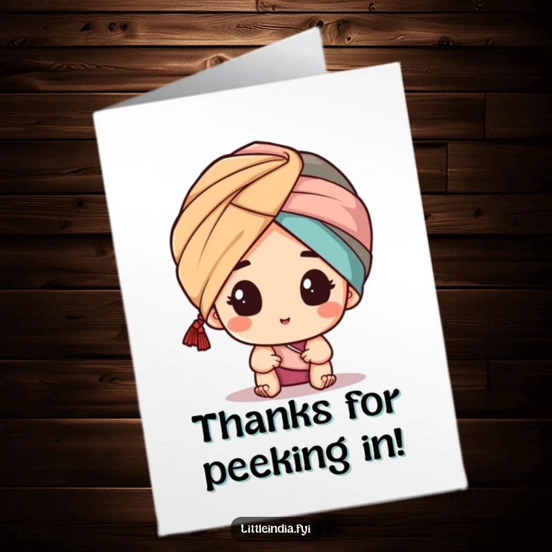 Funny Free Printable Thank You Card: Character in turban giving a thankful peek, conveying quiet gratitude.
