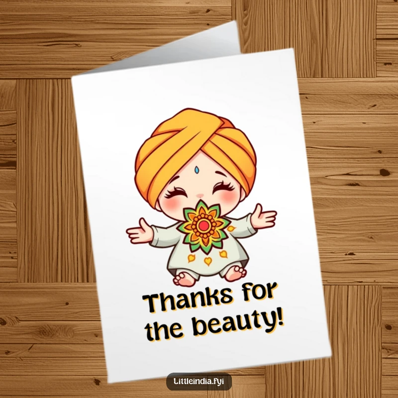 Funny Free Printable Thank You Card: Cute character in a turban offers a vibrant rangoli pattern as a token of heartfelt thanks.