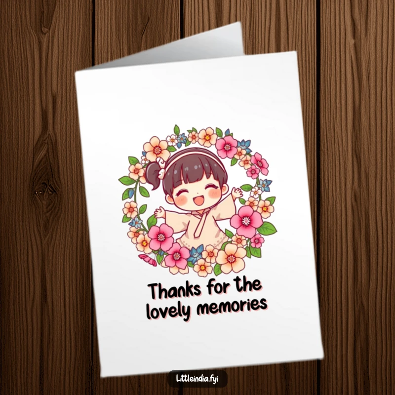 Funny Free Printable Thank You Card with a joyful character spinning a flower garland, a beautiful expression of gratitude.