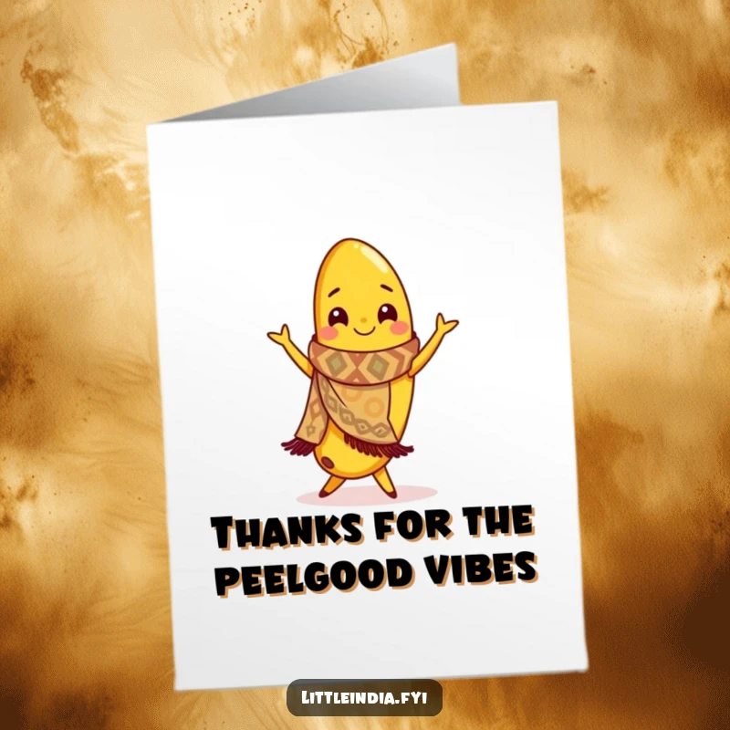 Funny Free Printable Thank You Card: Smiling banana in a scarf, enthusiastically performing a flamenco dance.