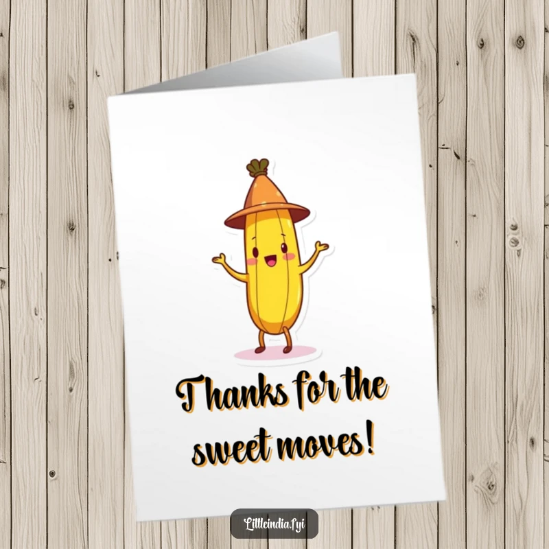 Funny Free Printable Thank You Card: A beaming banana wearing a small hat and energetically jigging with delight.