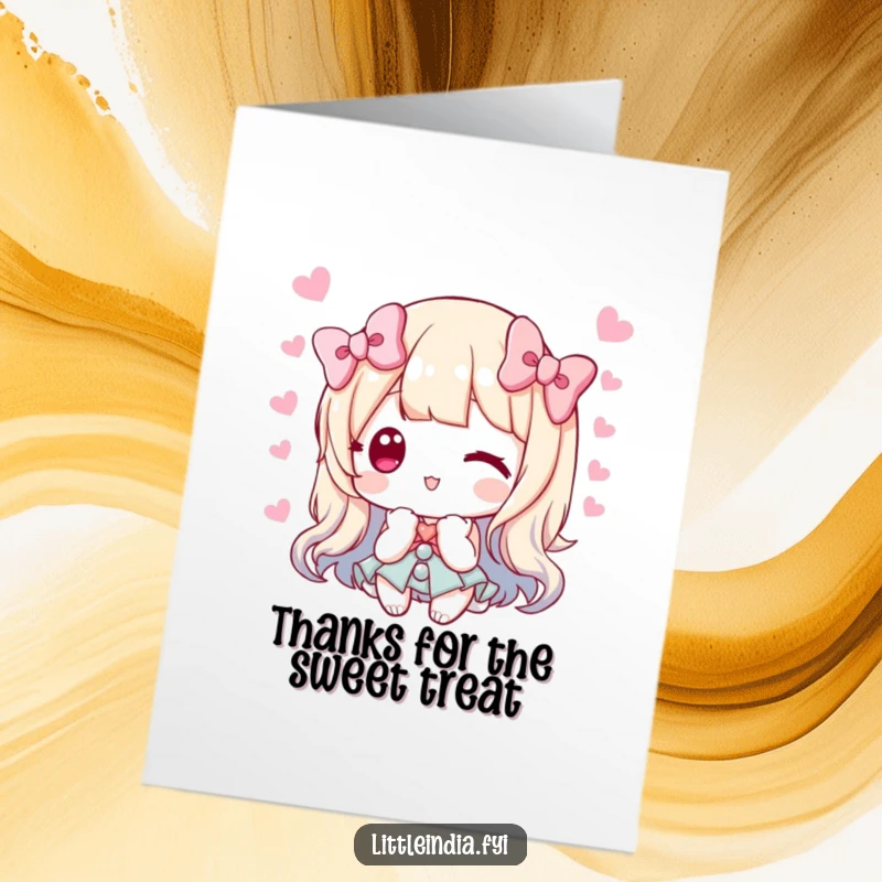 Funny Free Printable Thank You Card of a character presenting a delightful assortment of sweets, tied with a bow, for a sweet and humorous thank you.