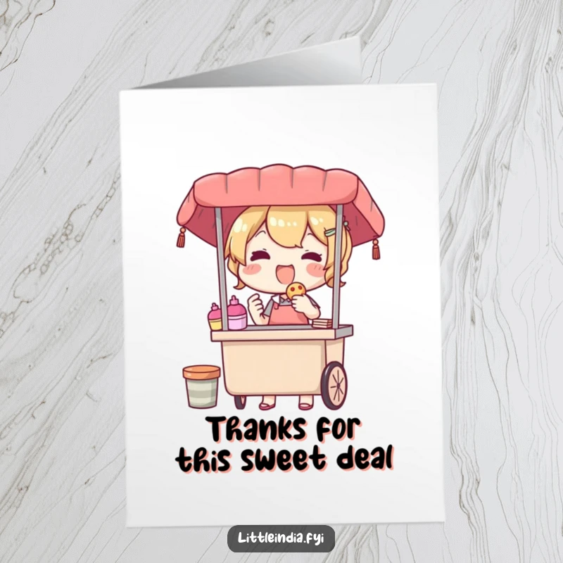 Funny Free Printable Thank You Card: A delighted vendor offering a treat with a warm, grateful smile.