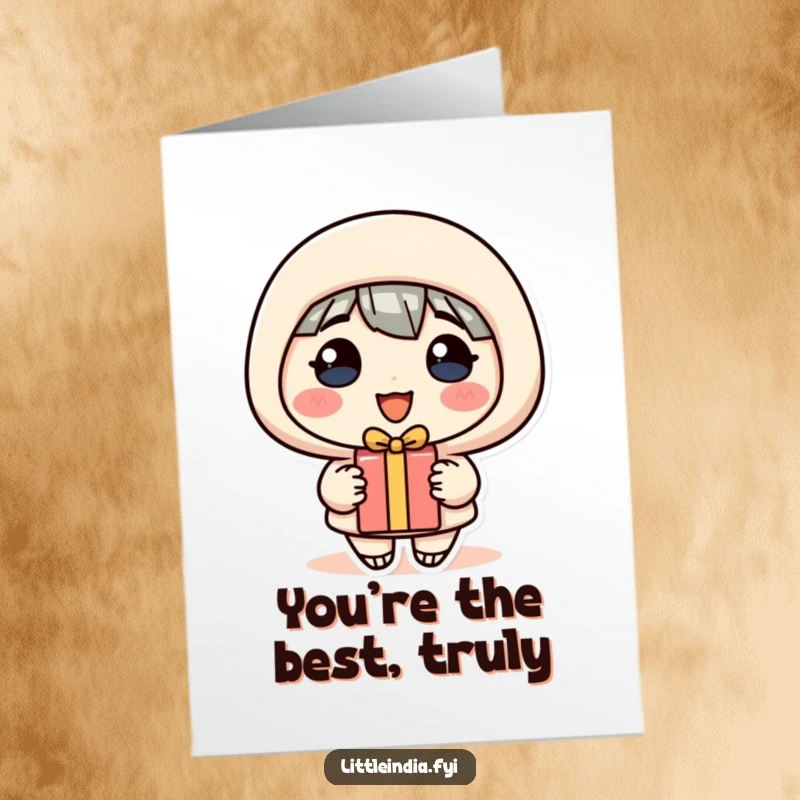 Funny Free Printable Thank You Card: A character with a huge smile offers a small, thoughtful gift.