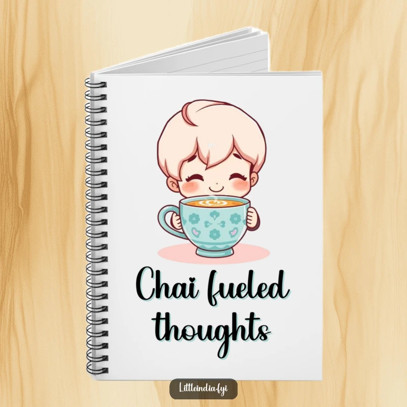 Funny Notebook: Smiling character enjoying a steaming cup of chai, ready to hold your thoughts and inspirations.
