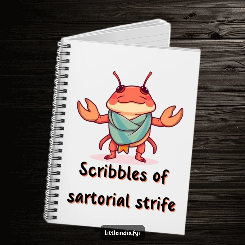 Funny Chilli Crab Notebook cover with a confused chilli crab trying to wear a tiny sarong.