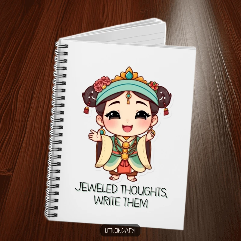 Funny Cultural Journal: Happy character in traditional jewelry, striking a graceful pose, ideal for elegant note-taking.