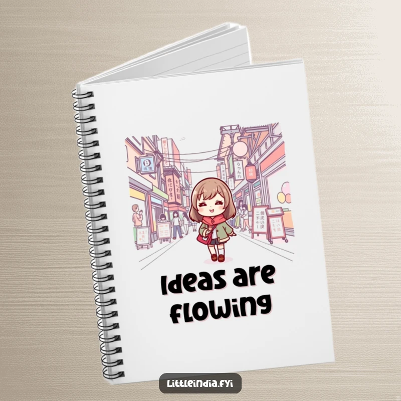 Funny notebook with a cute character smiling, walking on a busy street, perfect for jotting down notes and ideas.