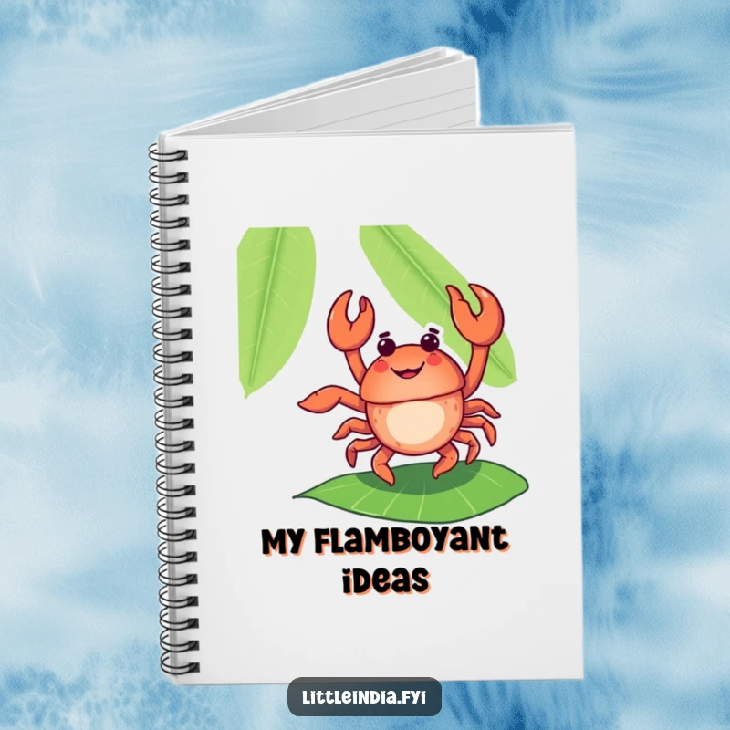 Funny crab character dancing on a banana leaf on the cover of a lined notebook, perfect for notes.