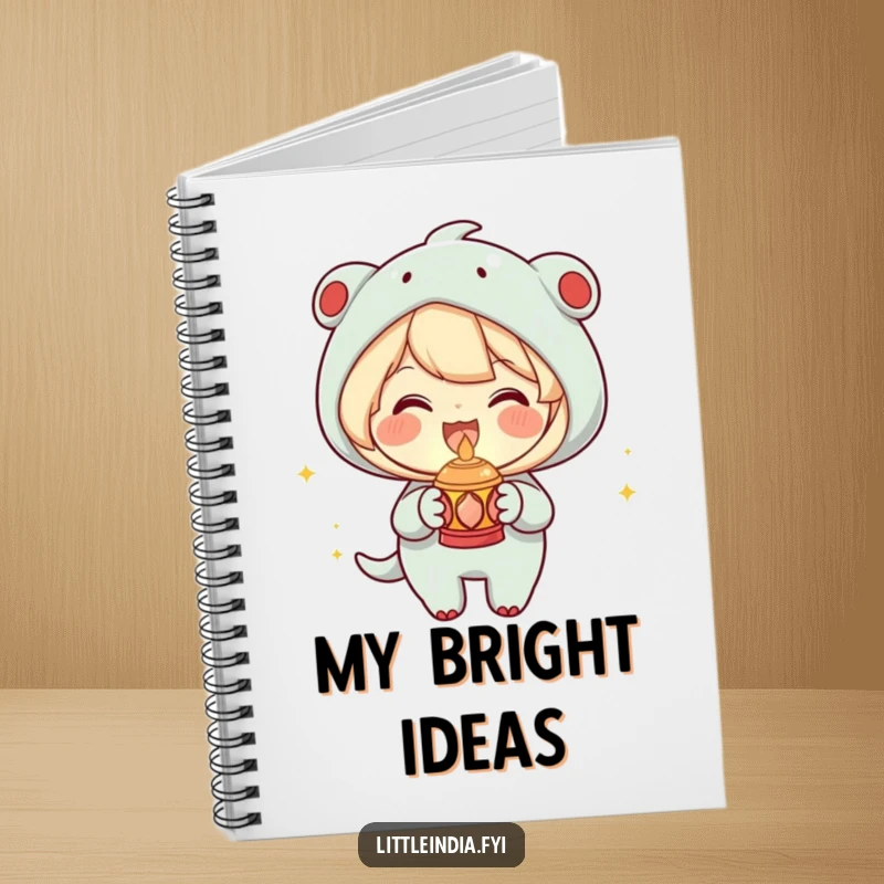 Funny Notebook with a joyous character holding a small decorative lamp with a warm glow, ideal for note-taking, a unique funny gift.