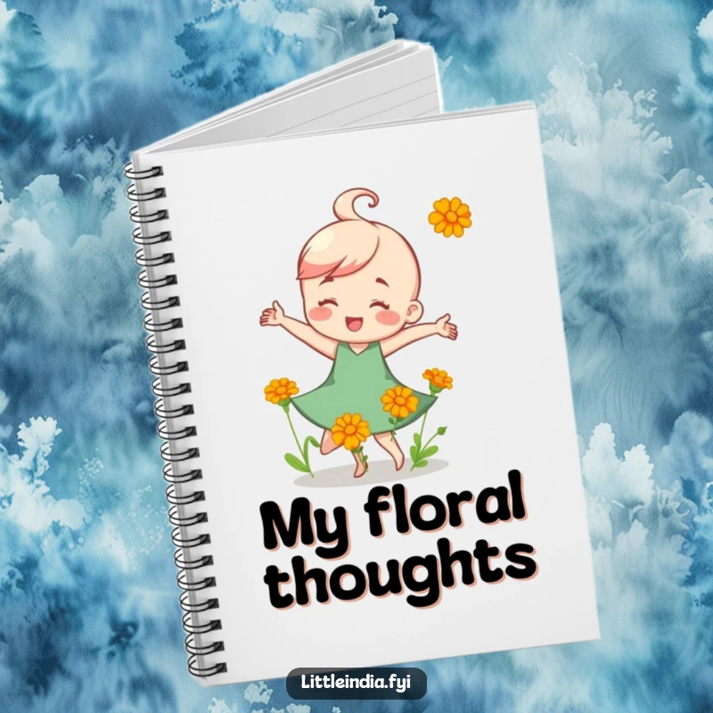 Funny Notebook: A happy character dancing with small, colorful marigold flowers, ready for joyful note-taking.