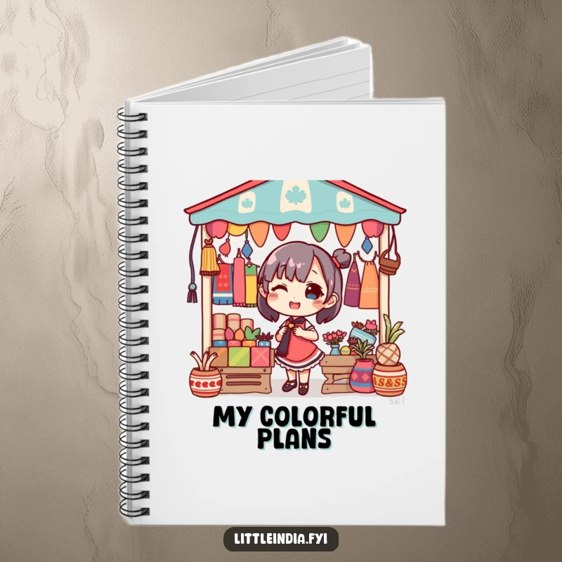 Funny notebook cover with a delighted character decorating a market stall with colorful textiles, perfect for notes.