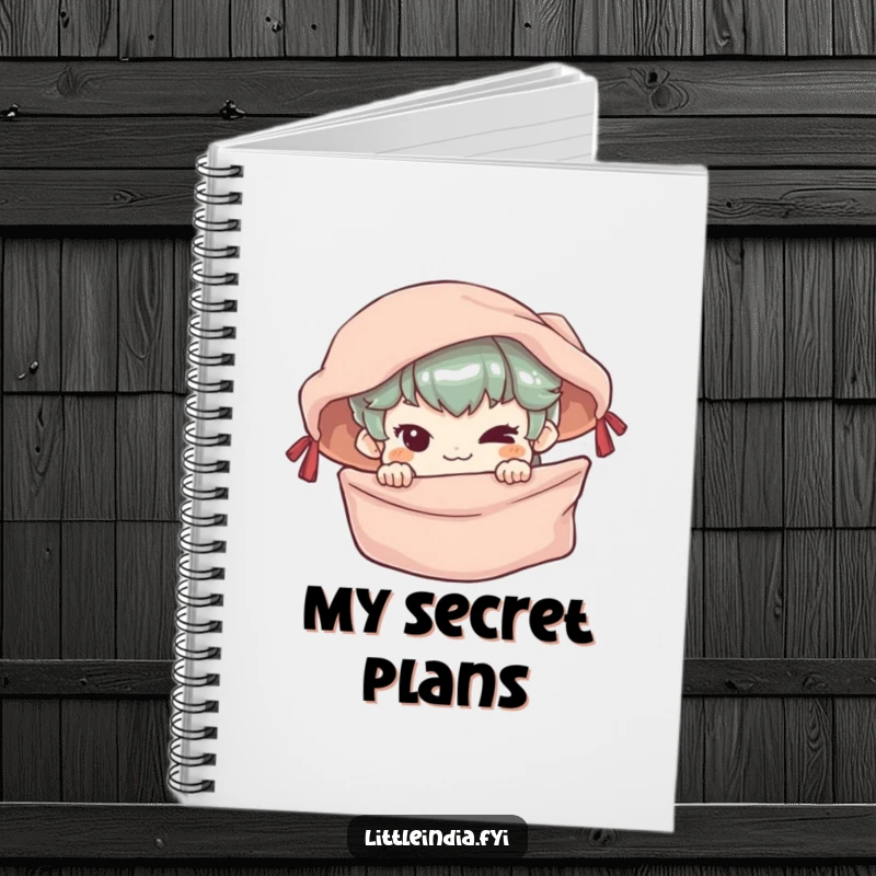 Funny Notebook with a mischievous character peeking from a colorful market stall, ideal for jotting down humorous thoughts.