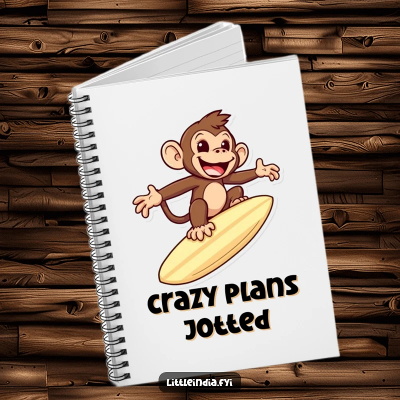 Funny notebook cover featuring a mischievous monkey riding a giant roti like a surfboard, ideal for journaling humorously.