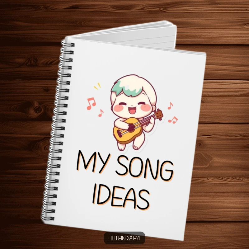 Funny notebook cover with a cheerful character playing a small instrument, composing a happy tune, ready for notes.