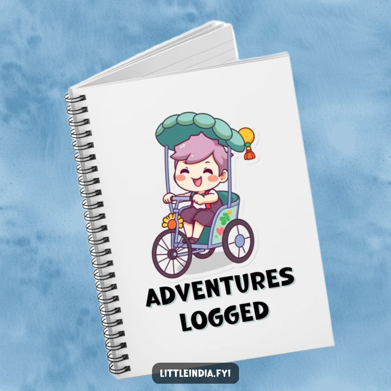 Funny notebook cover featuring a character with a delightful, playful grin, riding a decorated rickshaw on a fun path.