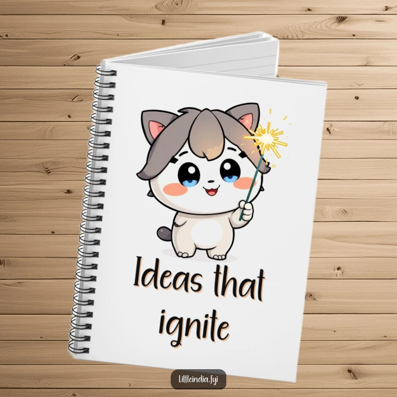Funny Notebook: A happy character with sparkling eyes holds a playful sparkler, inspiring creativity and bright ideas.