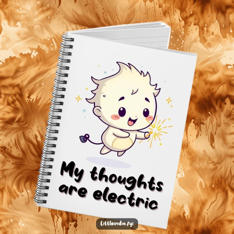 Funny notebook with a mischievous sparkler character doodling a trail of happy, bright thoughts inside.