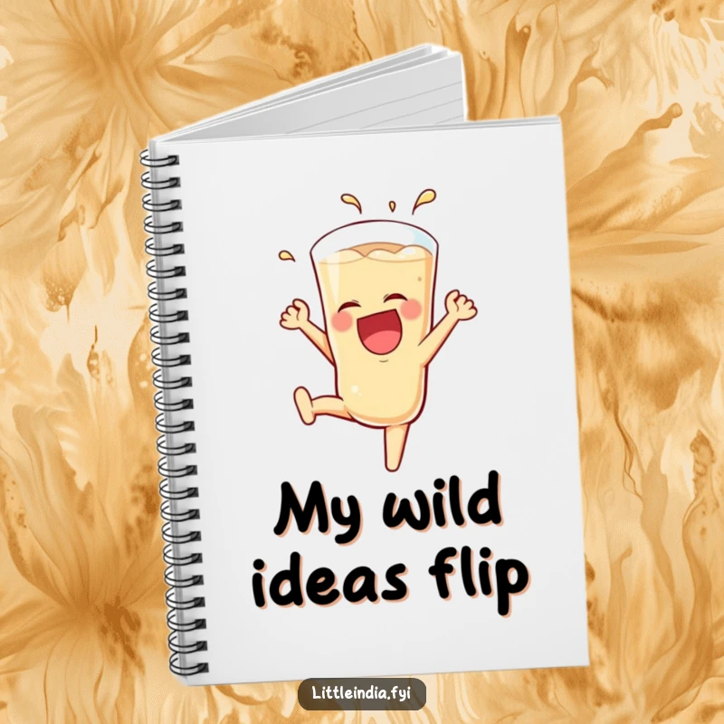 Funny Teh Tarik Notebook featuring a laughing glass mid-somersault on the cover, perfect for jotting down ideas with humorous flair.