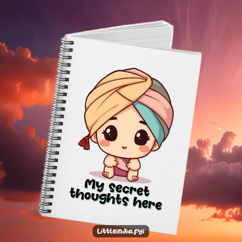 Funny notebook with a character peeking from behind a turban, offering a humorous and intriguing cover for all your writing and planning needs.