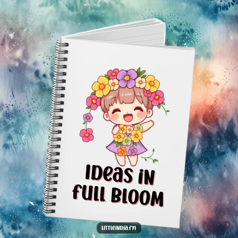 Funny notebook with a character adorned in a flower garland, gently swaying, ideal for capturing blossoming ideas.