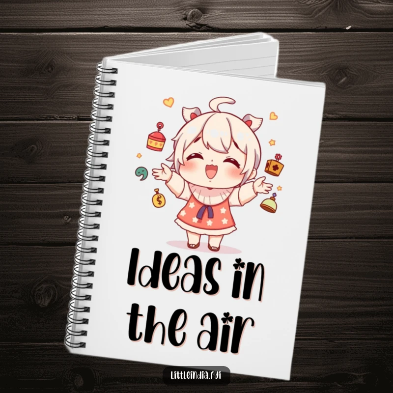 Funny notebook with a giggling character juggling small decorative trinkets, ideal for jotting down thoughts and ideas.