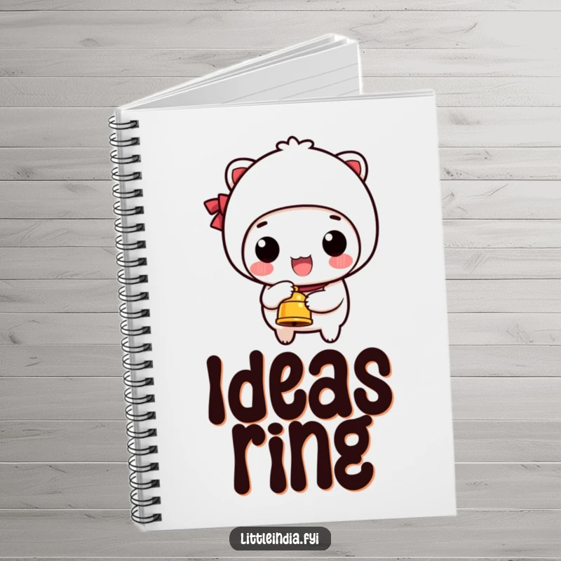 Funny notebook with a happy character ringing a small bell on the cover, ideal for jotting down ideas with humor.