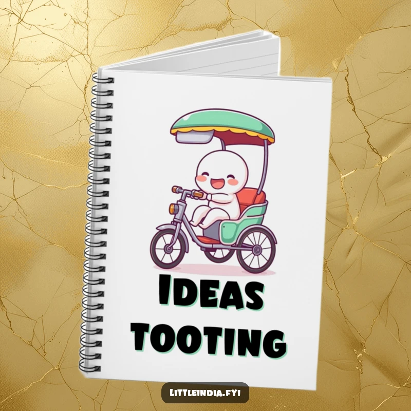 Funny notebook featuring a giggling rickshaw character cheerfully tooting with joy, perfect for capturing thoughts with a dose of playful resonance and happy motion.