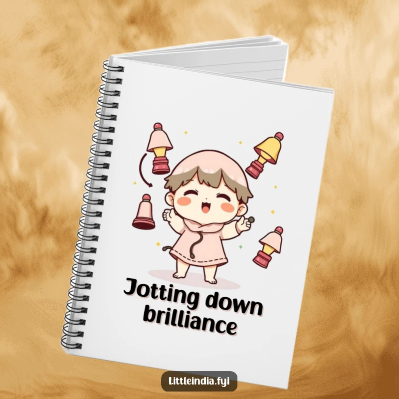 Funny notebook with a character skillfully juggling small lamps, designed for jotting down notes with a humorous flair.