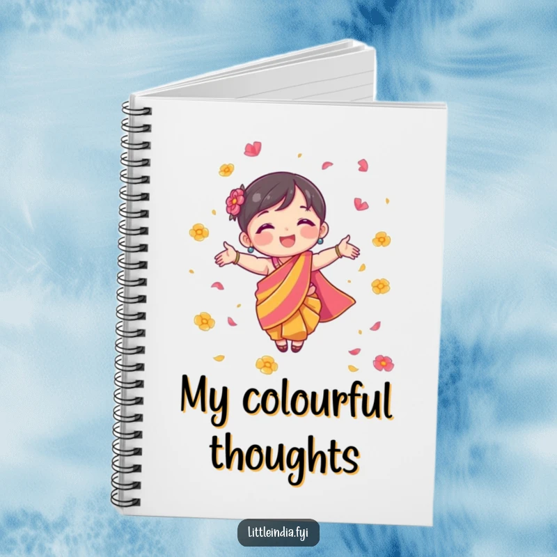 Funny Notebook with a character in a colorful sari joyfully scattering flower petals, ready for notes.