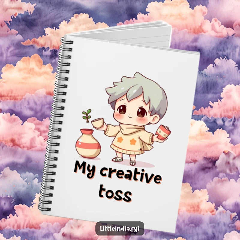 Funny Notebook: A curious character juggling small, decorative pottery pieces, ready for your creative notes.