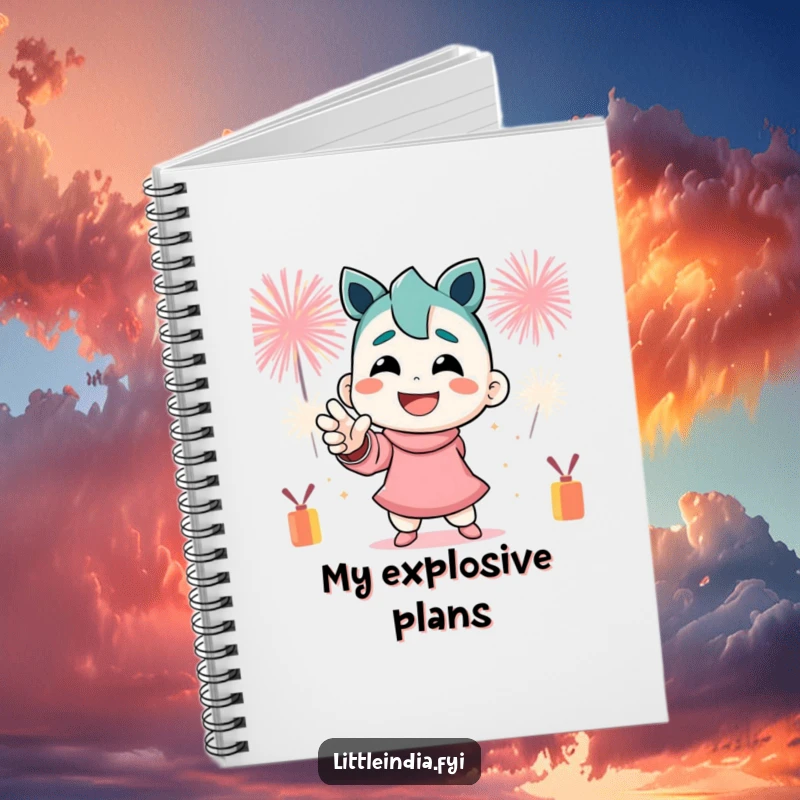 Funny Notebook: A smiling character in a dynamic pose with festive firecrackers exploding in the background.