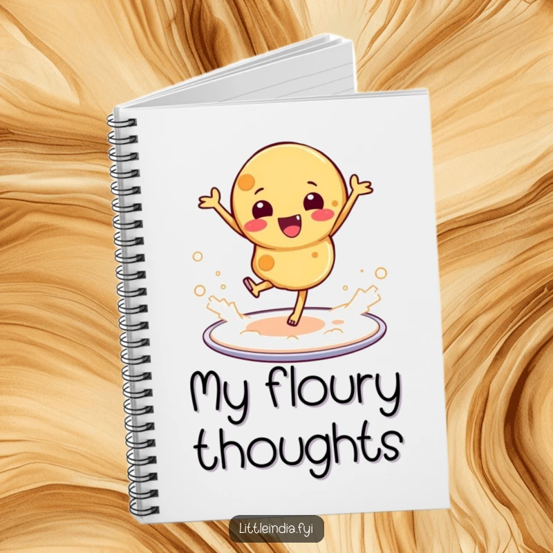 Funny notebook cover featuring a roti dancing on a platter, creating a flour cloud, perfect for recipe notes.