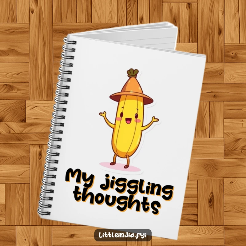 Funny Banana Notebook featuring a cheerful banana in a conical hat doing a jig on the cover, perfect for jotting down ideas.