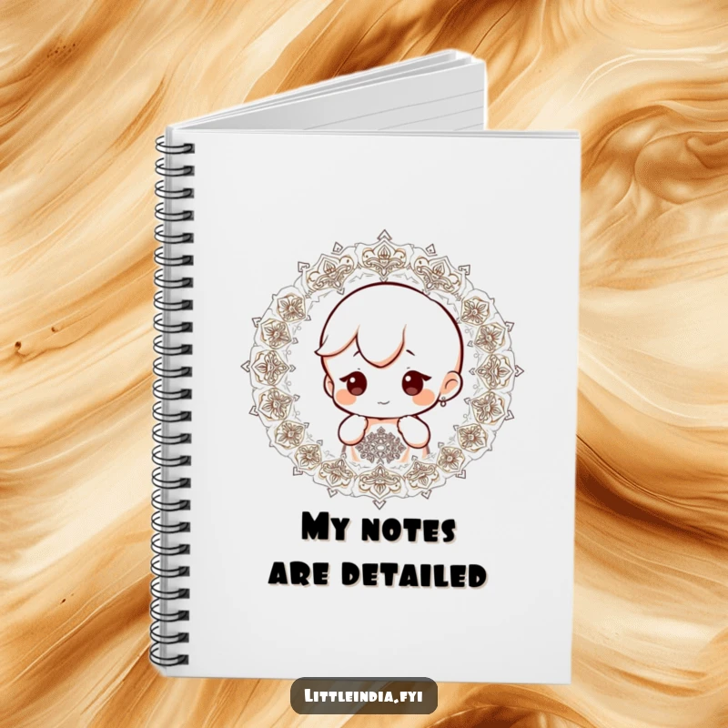 Funny notebook cover with a small character showing a curious expression while observing intricate patterns, inspiring detailed notes.