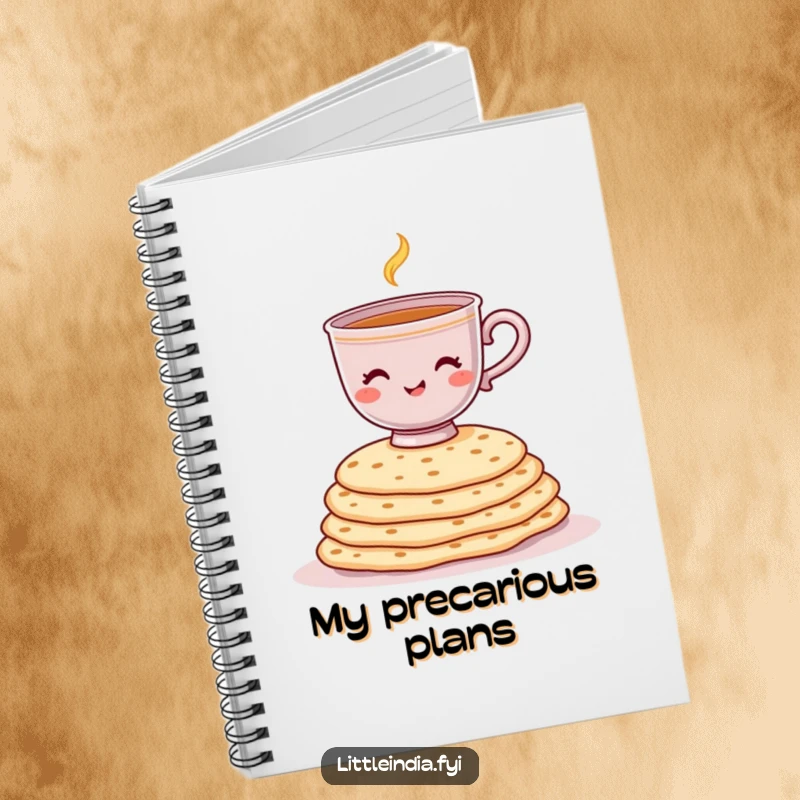 Funny notebook cover featuring a cheerful chai cup balancing on a stack of chapati, perfect for notes.