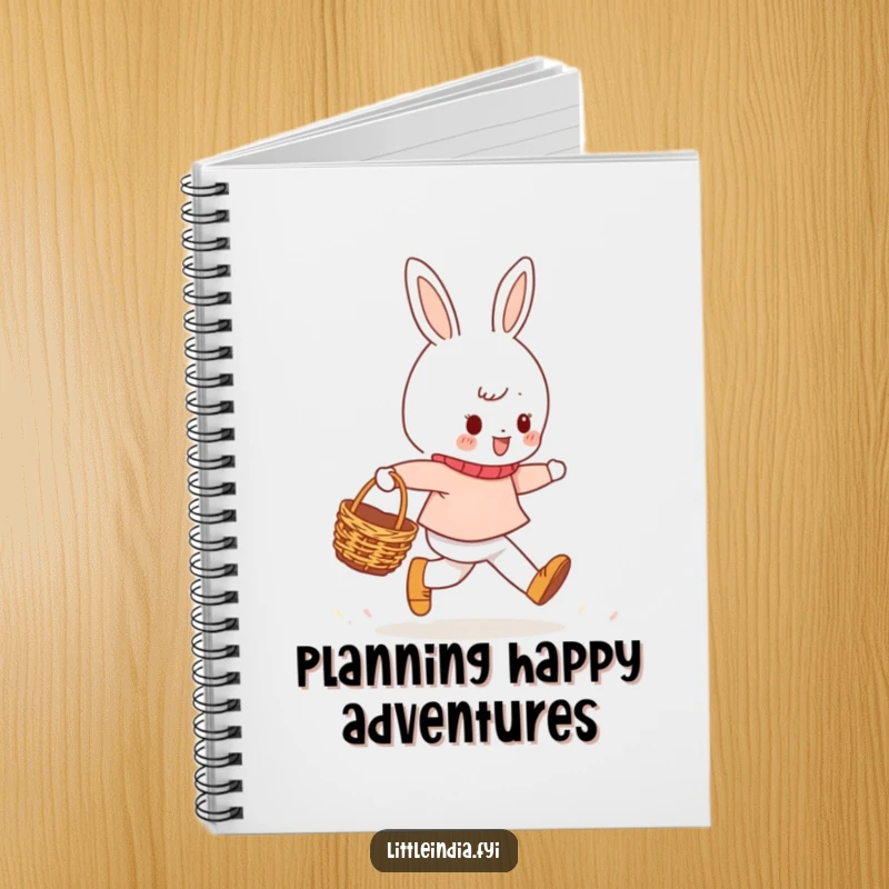 Funny Notebook cover featuring a cheerful character skipping with a woven basket, designed for capturing cheerful notes, doodles, and inspirations.