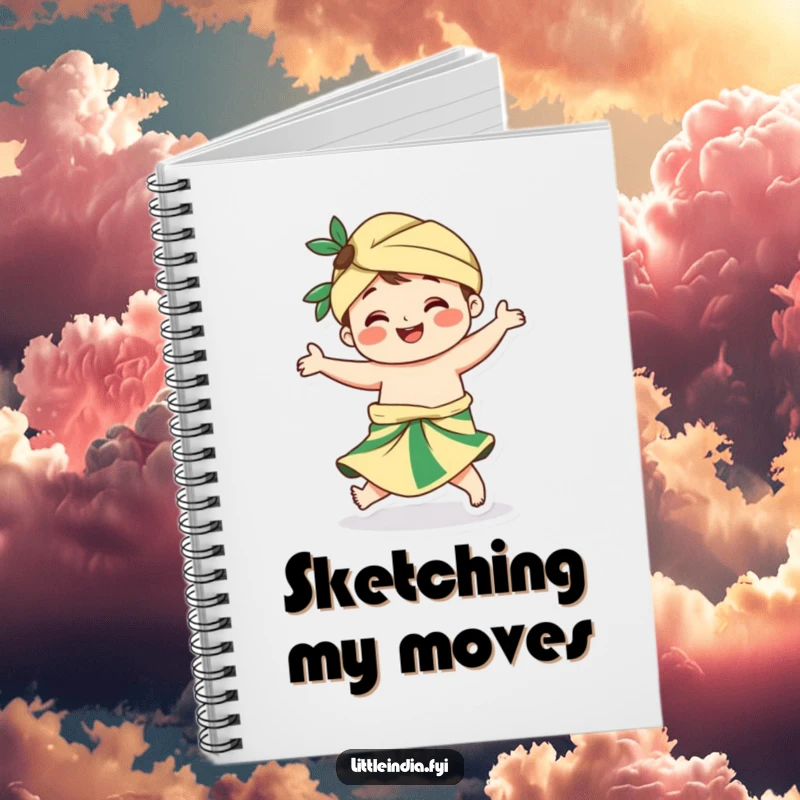 Funny notebook featuring a smiling character in a sarong, captured mid-twirl, ideal for creative note-taking.