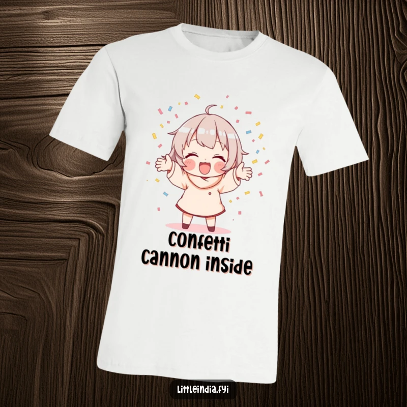 Funny t-shirt showcasing a character joyfully scattering handfuls of colorful confetti, symbolizing celebration and fun.