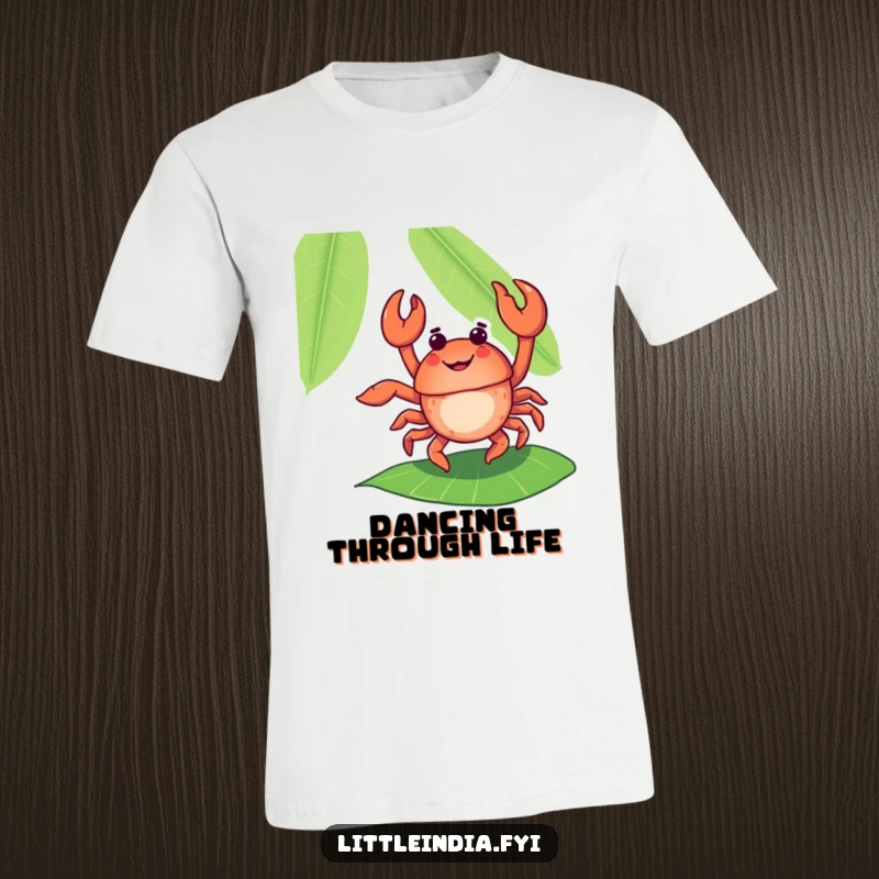 Funny, delighted crab in a flamboyant dance pose on a banana leaf, printed on a colorful t-shirt.