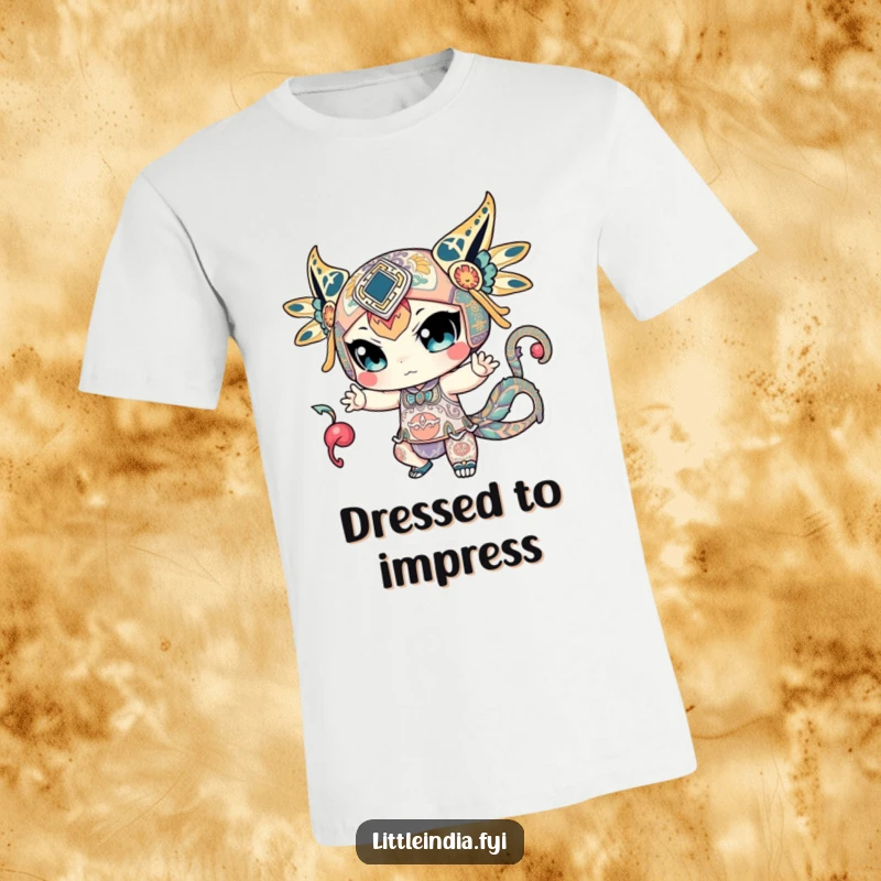 Funny t-shirt featuring a character striking a confident, dynamic pose, embellished with complex and beautiful intricate patterns.