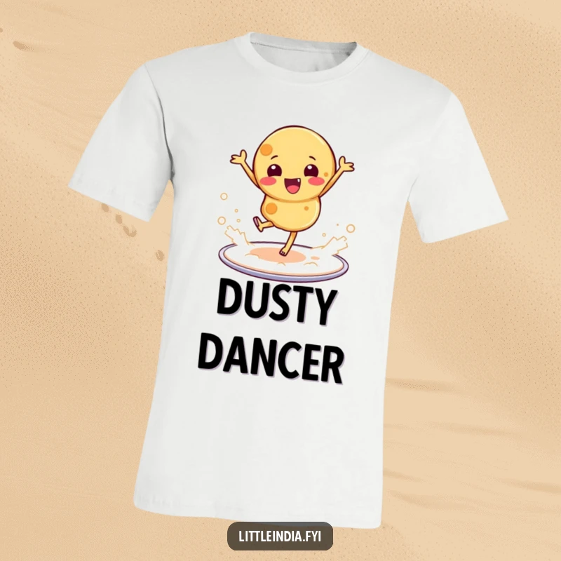 Funny t-shirt with a playful roti mid-dance on a platter, creating a delightful flour explosion.