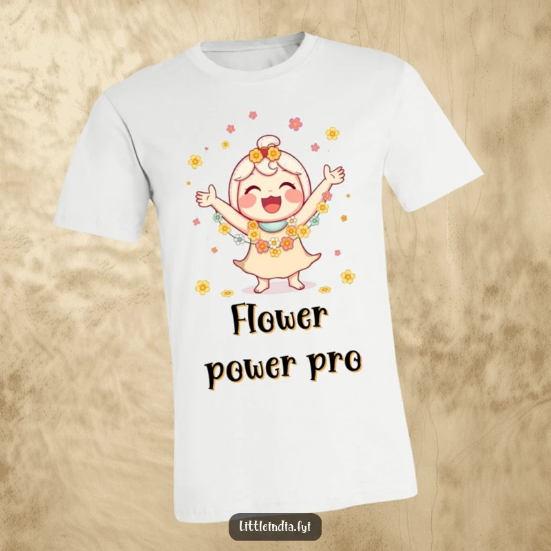 Funny t-shirt depicting a jubilant character juggling small flower garlands with an infectious, big smile.