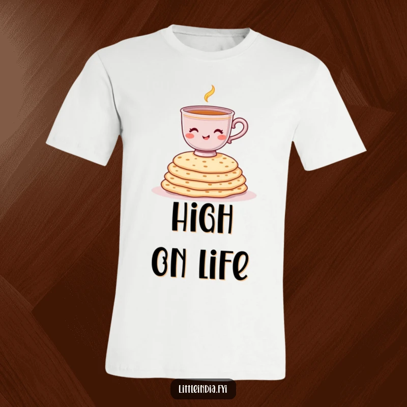 Funny t-shirt with a cheerful chai cup wobbling precariously atop a stack of chapati.